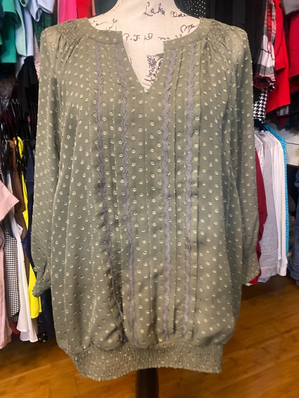 Christopher & Banks Olive Green Swiss Dot Peasant Blouse